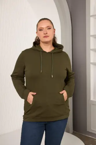 Kapşonlu Büyük Beden Haki Sweatshirt - 1