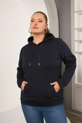 Kapşonlu Büyük Beden Lacivert Sweatshirt - 3