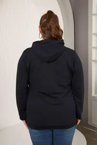 Kapşonlu Büyük Beden Lacivert Sweatshirt - 4
