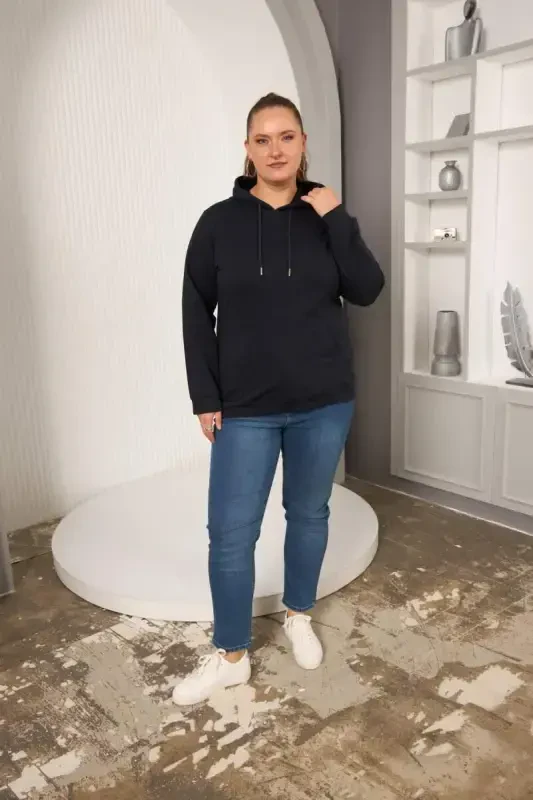 Kapşonlu Büyük Beden Lacivert Sweatshirt - 5