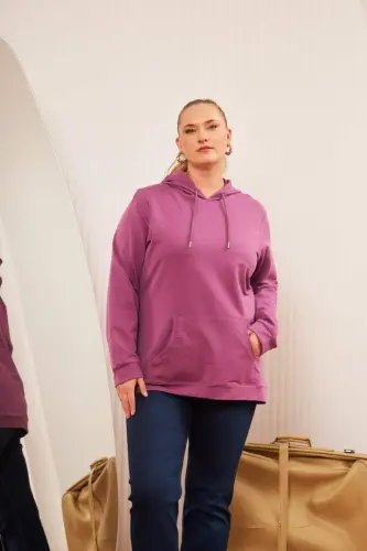 Kapşonlu Büyük Beden Mürdüm Sweatshirt - 5