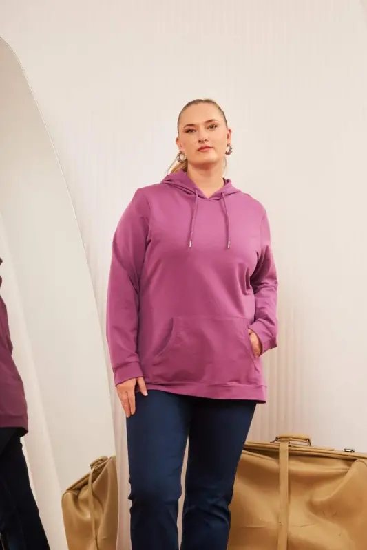 Kapşonlu Büyük Beden Mürdüm Sweatshirt - 5