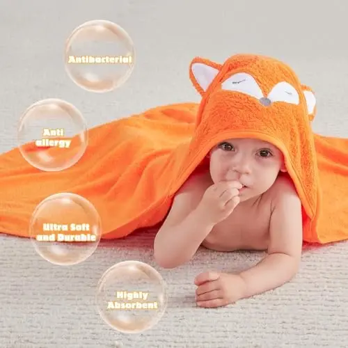 Touchat Hooded Baby Towels, Soft and Hypoallergenic Baby Bath Towels with Hood for Toddler Infant Newborn, Large and Absorbent Toddler Towels for Baby Boy Girl (Fox Kit, 35.1''x35.1'') - 2