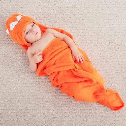 Touchat Baby Towels with Hood Soft Toddler Bath Towel for Infant Newborn Bathrobe for Kids 0-4 Years Essentials for Babies (Fox Kit, 35.1''x35.1'') - 1