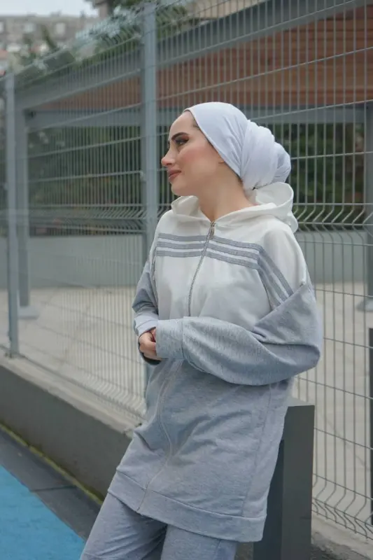 Kapüşonlu Fermuarlı Şerit Detaylı Eşofman Takımı - 1016 - Gri - 3