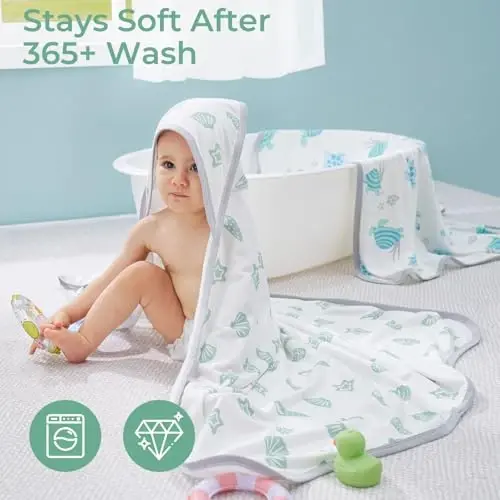 Momcozy Baby Towel with Hooded-Original Design Baby Towel Set -Soft & Absorbent- Shower Gifts or Bath Essential for Infant, Newborn, Toddler, Marine Sea Turtle Shells Magic - 6
