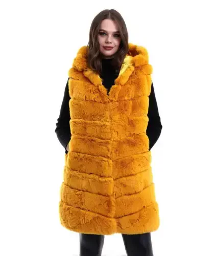 Kapşonlu Peluş Kürk Yelek Premium Kalite, Tam Astarlı, Uzun Model - Sarı - 4