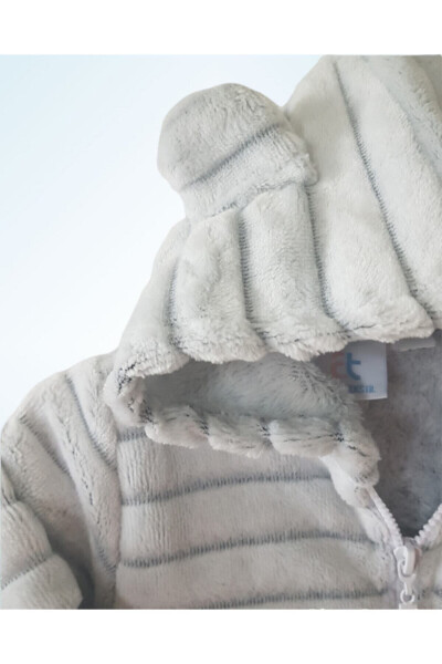 Kapşonlu Peluş Welsoft Kız-erkek Çocuk-bebek Hırka-ceket /beyaz Çizgili-Beyaz - 4
