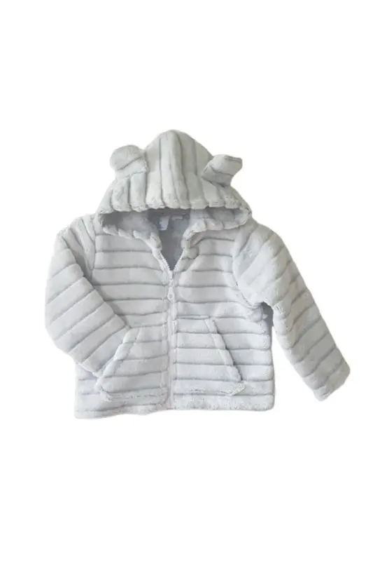 Kapşonlu Peluş Welsoft Kız-erkek Çocuk-bebek Hırka-ceket /beyaz Çizgili - Beyaz-gri - 3