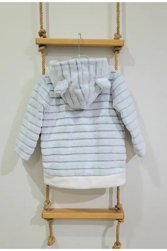 Kapşonlu Peluş Welsoft Kız-erkek Çocuk-bebek Hırka-ceket /beyaz Çizgili - Beyaz-gri - ALPAR TEKSTIL