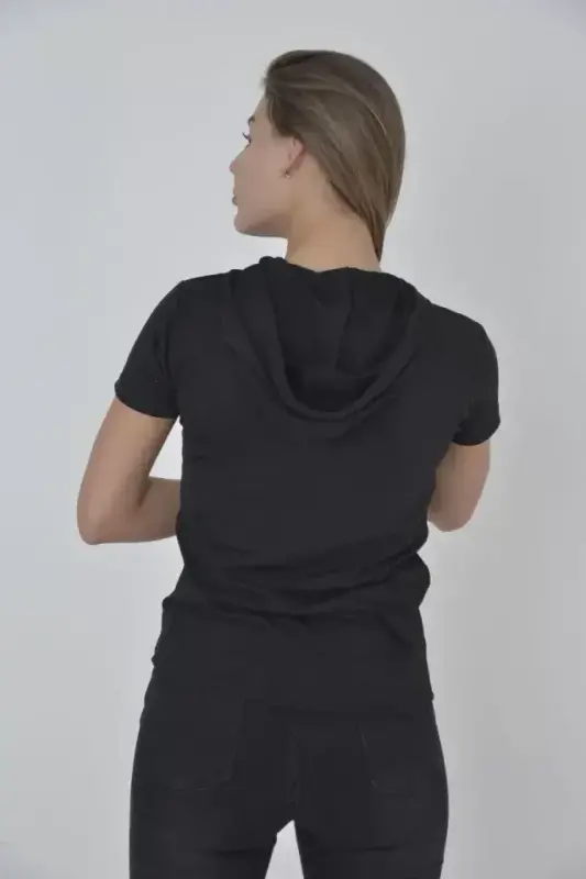 Kapşonlu Slim Fit T-shirt - Siyah - BÜYÜKBEDENIZ