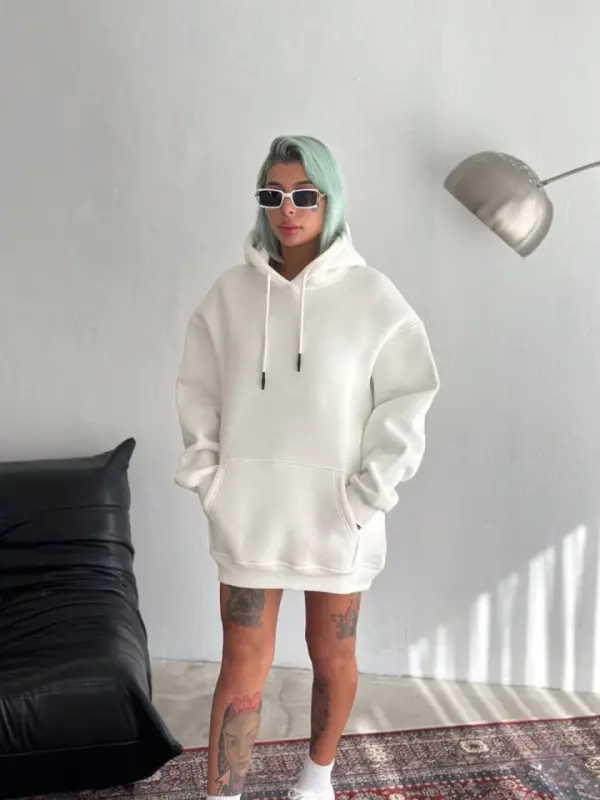 Kapşonlu Üç İplik Penye Basic SweatShirt - Beyaz - BÜYÜKBEDENIZ