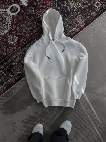 Kapşonlu Üç İplik Penye Basic SweatShirt - Beyaz - BÜYÜKBEDENIZ (1)