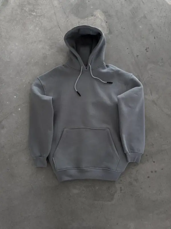 Kapşonlu Üç İplik Penye Basic SweatShirt - Boyalı Gri - 2