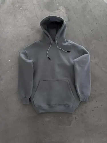 Kapşonlu Üç İplik Penye Basic SweatShirt - Boyalı Gri - BÜYÜKBEDENIZ (1)