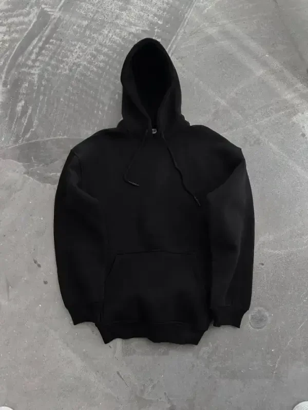 Kapşonlu Üç İplik Penye Basic SweatShirt - Siyah - 2