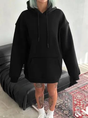 Kapşonlu Üç İplik Penye Basic SweatShirt - Siyah - 1