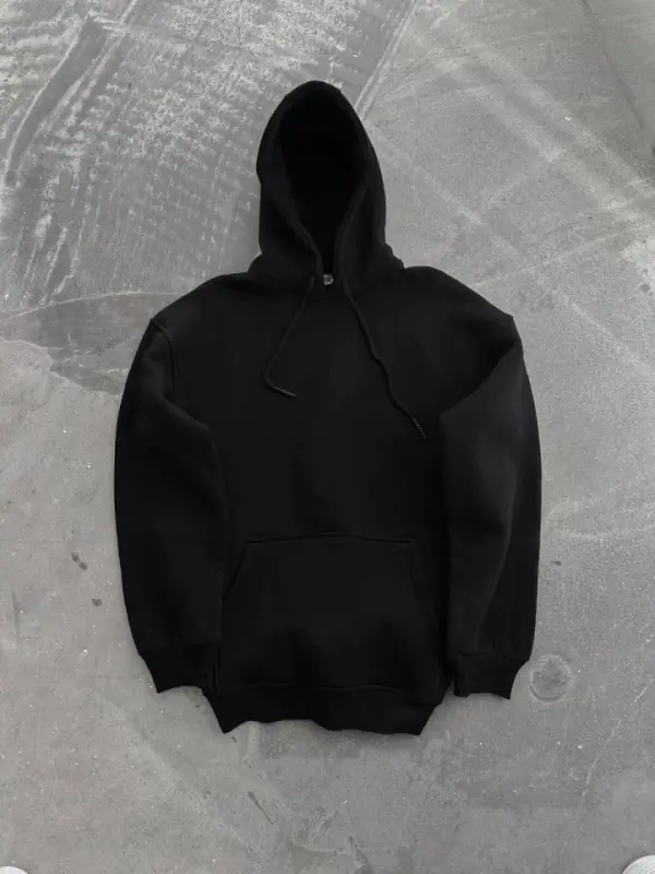 Kapşonlu Üç İplik Penye Basic SweatShirt - Siyah - 2