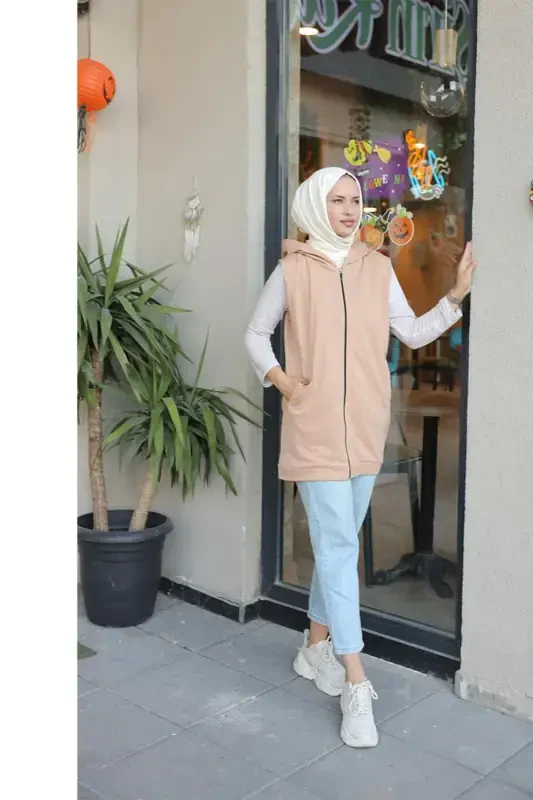Kapşonluı Kadın Cepli Yelek BRC2101 Latte-Latte - 4