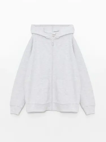 Kapüşonli Basic Uzun Kollu Qiz Bola Fermuarli Sweatshirt-Kulrang - 1