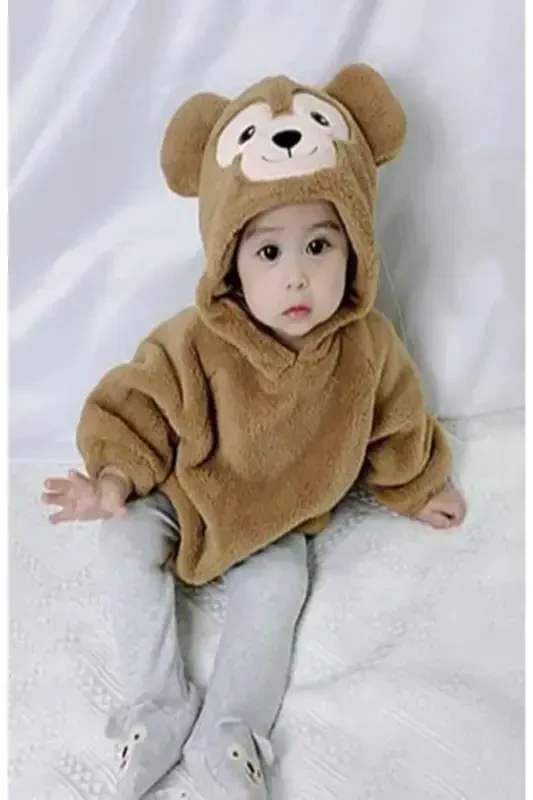 Kapüşonli Bebek Peluş Chıtıtmalı Body-qahva rangi - 2