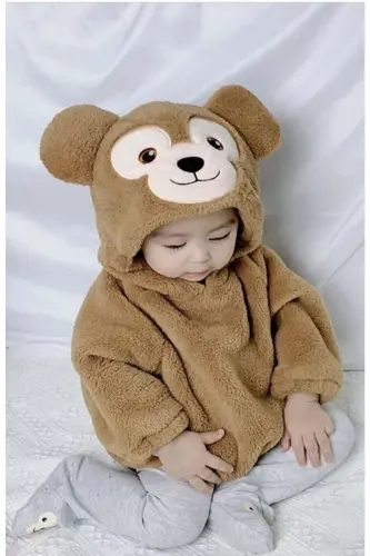 Kapüşonli Bebek Peluş Chıtıtmalı Body-qahva rangi 