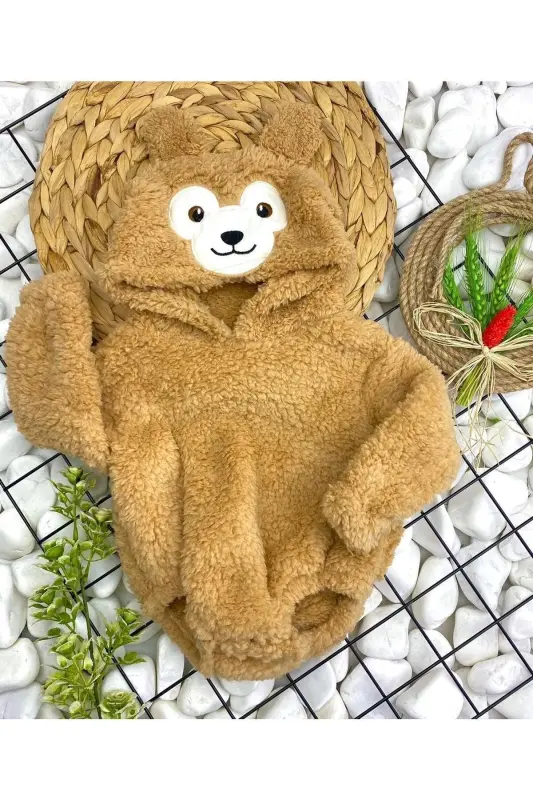 Kapüşonli Bebek Peluş Chıtıtmalı Body-qahva rangi - 3