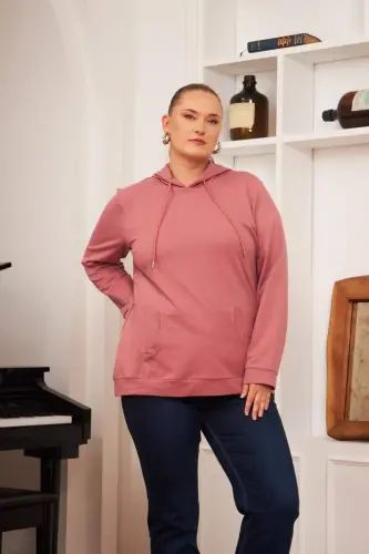 Kapüşonli Katta Oʻlchamli Gulrang Sweatshirt - BÜYÜKBEDENIZ (1)