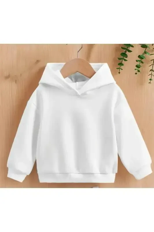 Kapüşonli Oversize Oq Svitchot - chaqaloq/bola Uch Ipdan Trikotaj Qilingan Qalin Mato - Oq - 1