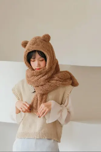 Kapüşonli Qahva Peluş Bere Atkı Ayollar Welsoft Polar Bo'yinbog' Shali Shamol o'tkazmaydigan Quloqli Shlyapa-Qahva - 4