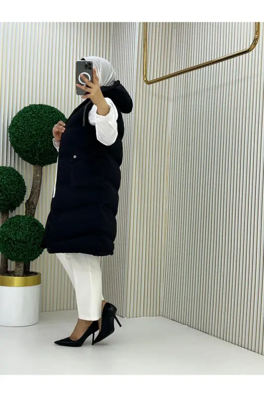 Kapüşonli Shishirma Yelek-Siyyah - 2