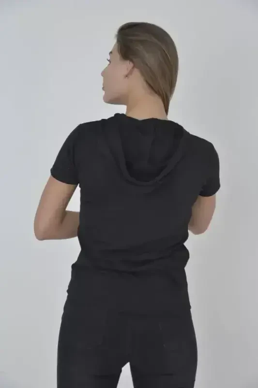 Kapüşonli Slim Fit T-shirt - Qora - 1