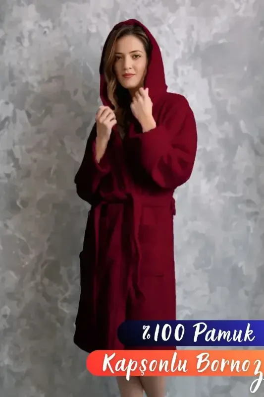 Kapüşonli xalat - Ayollar va erkaklar | %100 paxta | Chidamli | Tez quriydi | Yumshoq qulaylik - Bordo - 5