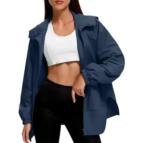American Trends Women Rain Jacket with Hood Lightweight Rain Coats for Women Trench Waterproof Windbreaker With Back Pockets - AMERICAN