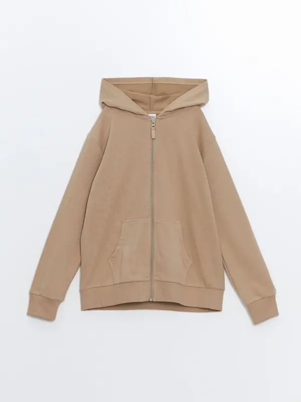 Bej Kapüşonlu Basic Uzun Kollu Kız Çocuk Fermuarlı Sweatshirt-Bej - LC WAIKIKI