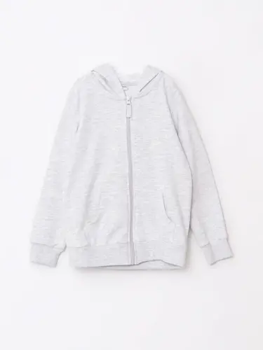 Gri Kapüşonlu Basic Uzun Kollu Kız Çocuk Fermuarlı Sweatshirt-Gri - 1