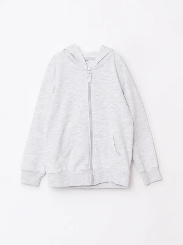Gri Kapüşonlu Basic Uzun Kollu Kız Çocuk Fermuarlı Sweatshirt-Gri - 1