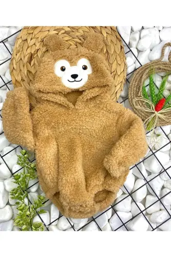 Kapüşonlu Bebek Peluş Çıtçıtlı Body - kahve rengi - 3