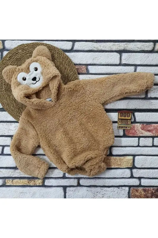 Kapüşonlu Bebek Peluş Çıtçıtlı Body - kahve rengi - 5