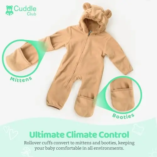 Cuddle Club Fleece Baby Bunting Bodysuit with Hood, Convertible Mittens & Booties, Car Seat Friendly, Soft & Warm, Easy Zip - 3