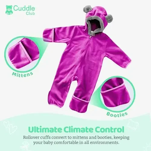 Cuddle Club Fleece Baby Bunting Bodysuit with Hood, Convertible Mittens & Booties, Car Seat Friendly, Soft & Warm, Easy Zip - 3