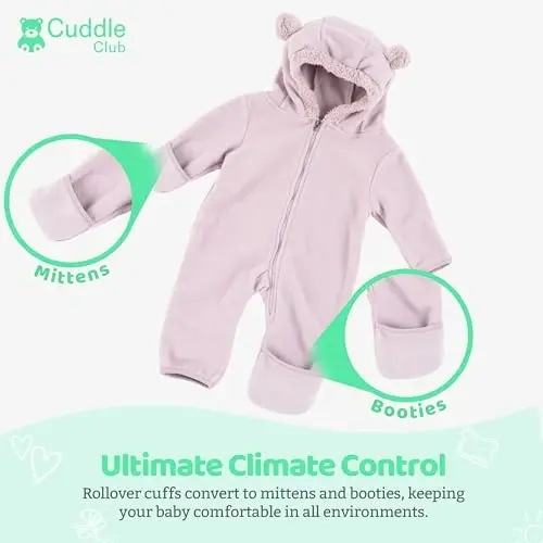Cuddle Club Fleece Baby Bunting Bodysuit with Hood, Convertible Mittens & Booties, Car Seat Friendly, Soft & Warm, Easy Zip - 3