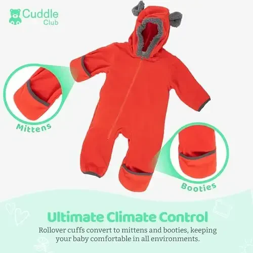 Cuddle Club Fleece Baby Bunting Bodysuit with Hood, Convertible Mittens & Booties, Car Seat Friendly, Soft & Warm, Easy Zip - 3