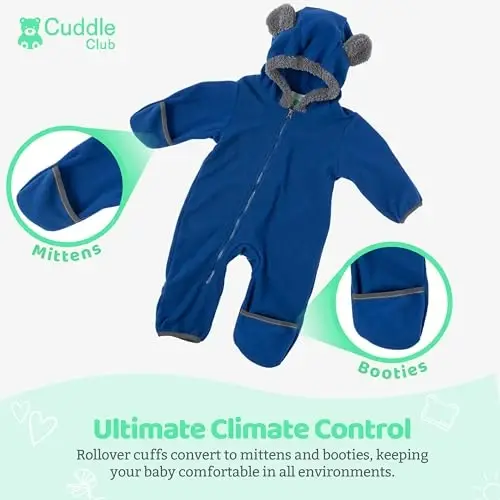 Cuddle Club Fleece Baby Bunting Bodysuit with Hood, Convertible Mittens & Booties, Car Seat Friendly, Soft & Warm, Easy Zip - 3