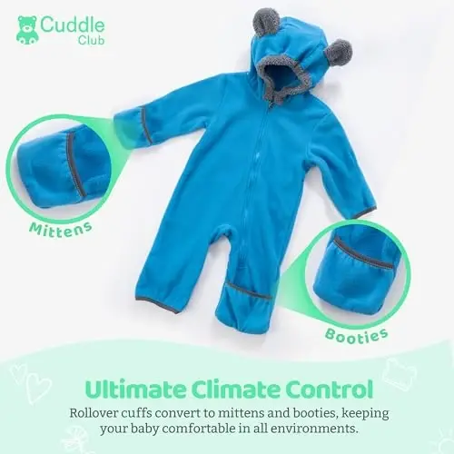 Cuddle Club Fleece Baby Bunting Bodysuit with Hood, Convertible Mittens & Booties, Car Seat Friendly, Soft & Warm, Easy Zip - 3