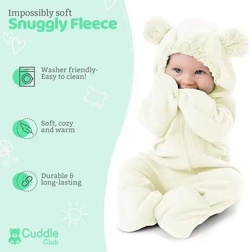 Cuddle Club Fleece Baby Bunting Bodysuit with Hood, Convertible Mittens & Booties, Car Seat Friendly, Soft & Warm, Easy Zip - 2