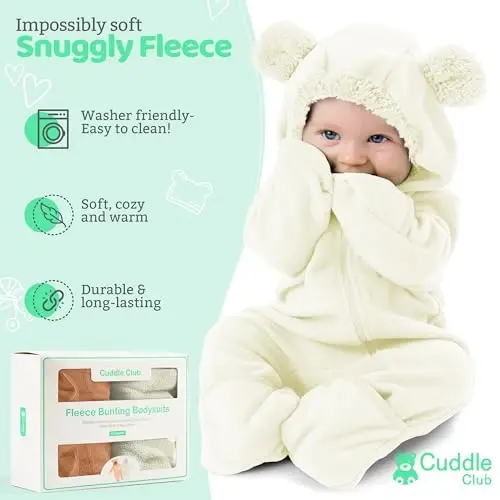 Cuddle Club Fleece Baby Bunting Bodysuit with Hood, Convertible Mittens & Booties, Car Seat Friendly, Soft & Warm, Easy Zip - 2