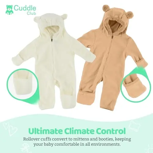 Cuddle Club Fleece Baby Bunting Bodysuit with Hood, Convertible Mittens & Booties, Car Seat Friendly, Soft & Warm, Easy Zip - 3