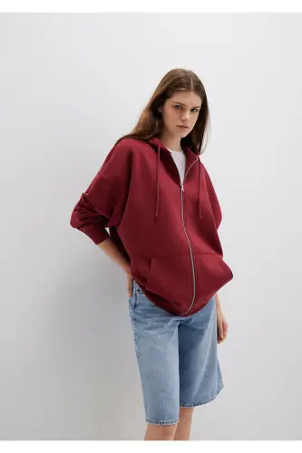 Kapüşonlu Fermuarlı Bordo Sweatshirt 1610221-85493-Bordo - MAVI (1)