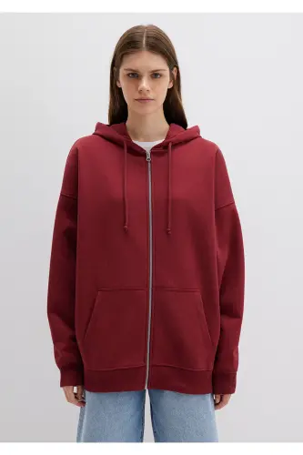 Kapüşonlu Fermuarlı Bordo Sweatshirt 1610221-85493-Bordo - 3